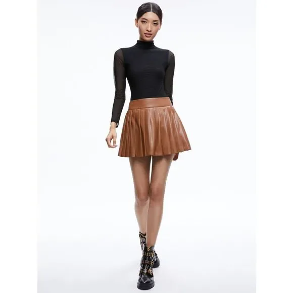 Alice + Olivia Pura Vegan Leather Pleated Skort Camel Brown 6 - Picture 4 of 6